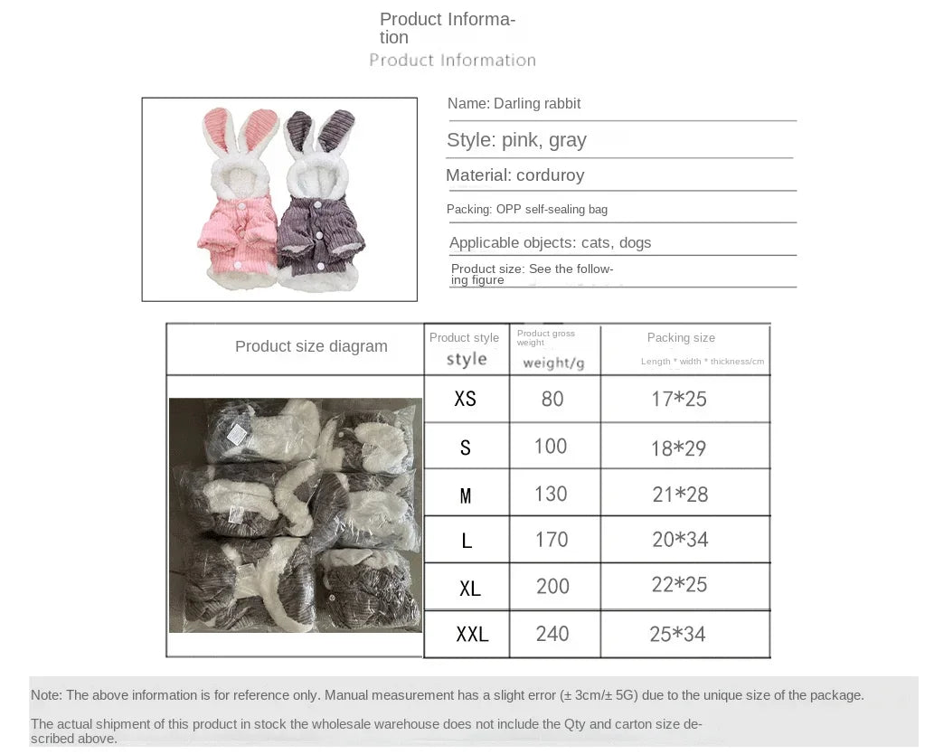 Warm Winter Pet Hoodie – Cute Bunny Coat for Kittens, Cats