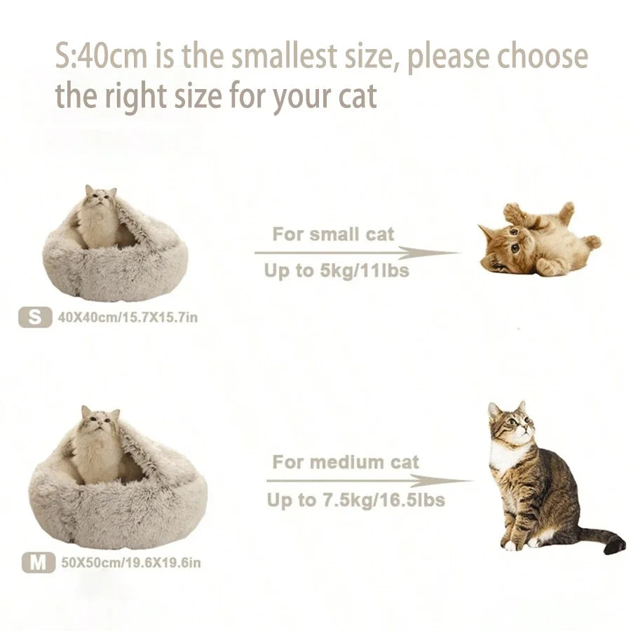 Plush Hooded Pet Bed – Round Fluffy 2-in-1 Nest for Cats