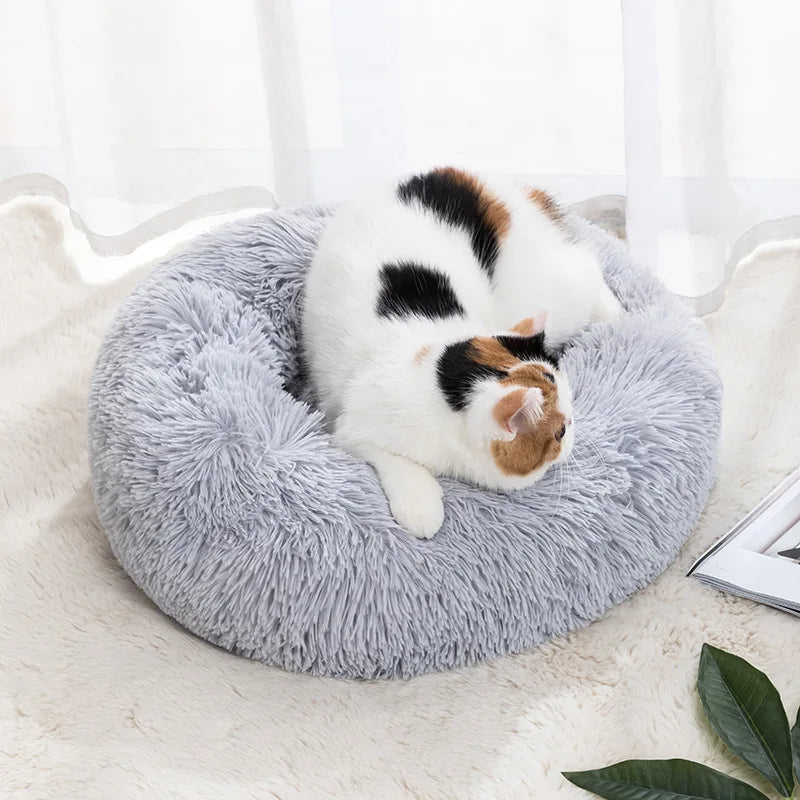 Soft Donut Cat Bed – Fluffy Plush Round Mattress for Cozy Comfort