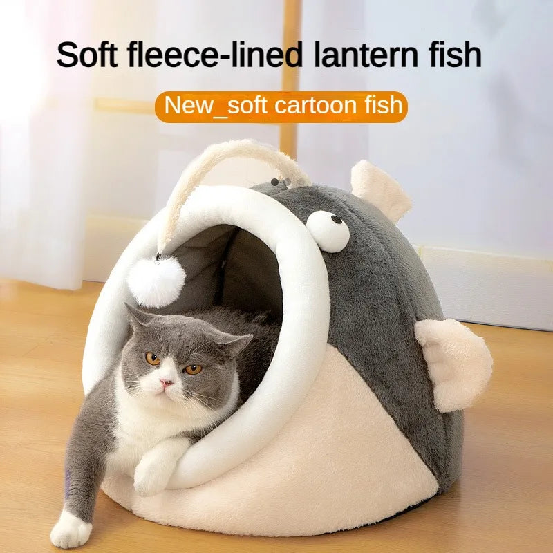 Lantern Fish Cat Bed – Warm Plush Lounger & Tent for Kittens, Washable
