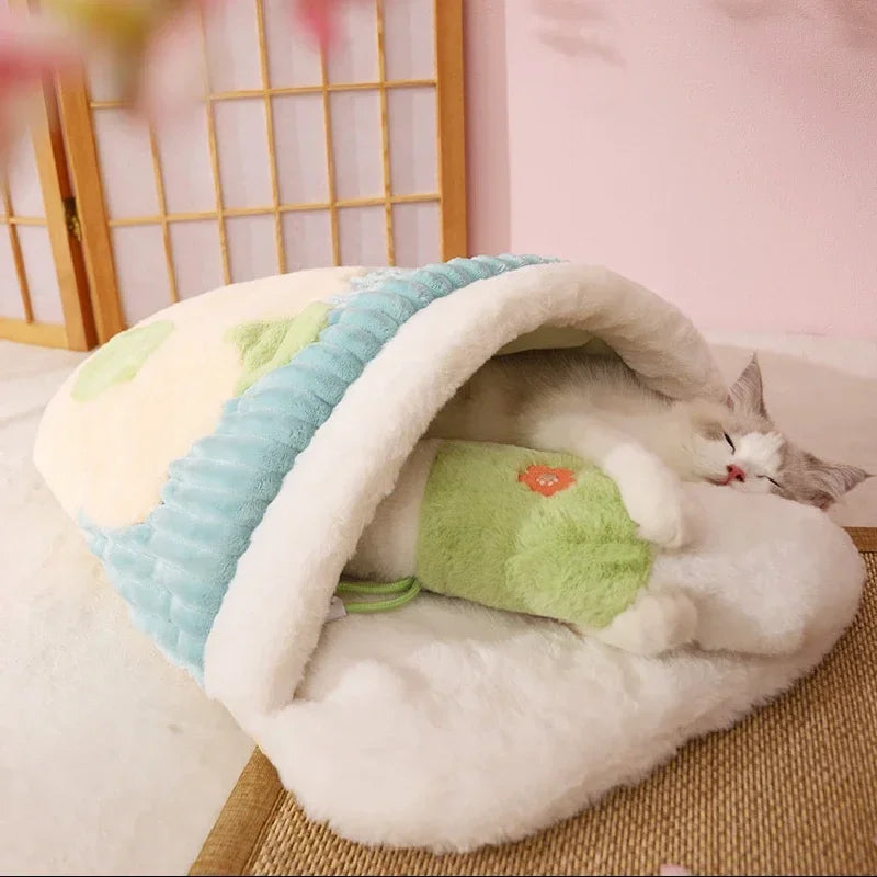 Japanese Sakura Cat Bed – Warm Winter Sleeping Bag with Cushion & Pillow