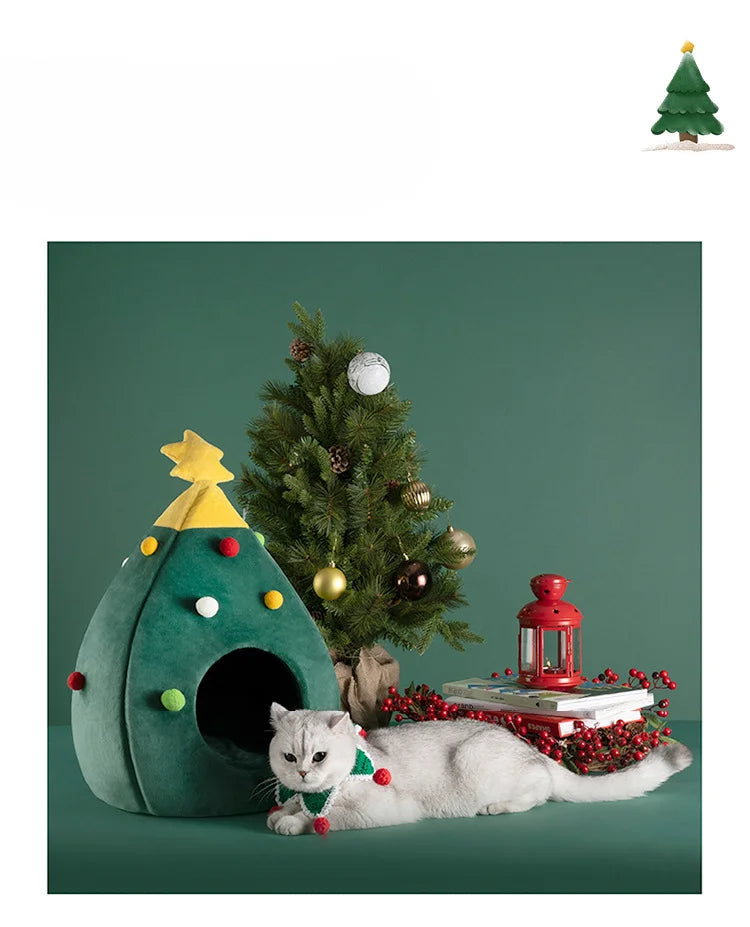 Christmas Tree Pet Bed – Warm Plush Cave Nest for Cats Detachable & Washable