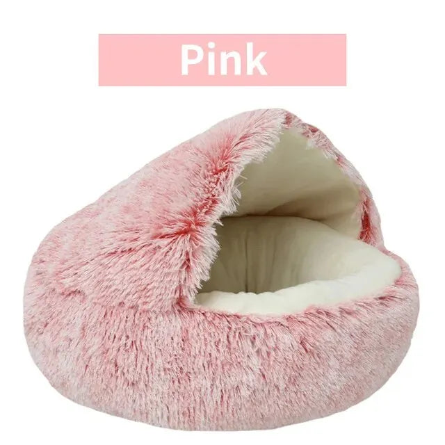 Plush Hooded Pet Bed – Round Fluffy 2-in-1 Nest for Cats