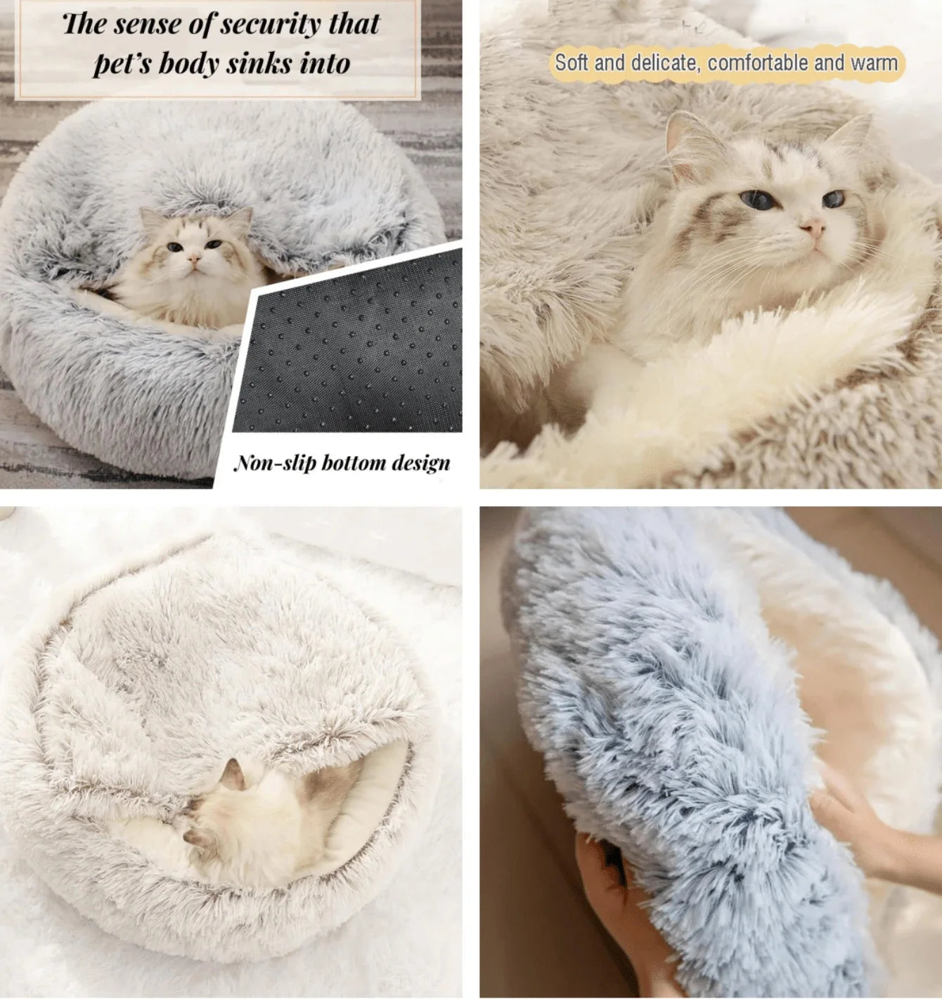 Plush Hooded Pet Bed – Round Fluffy 2-in-1 Nest for Cats