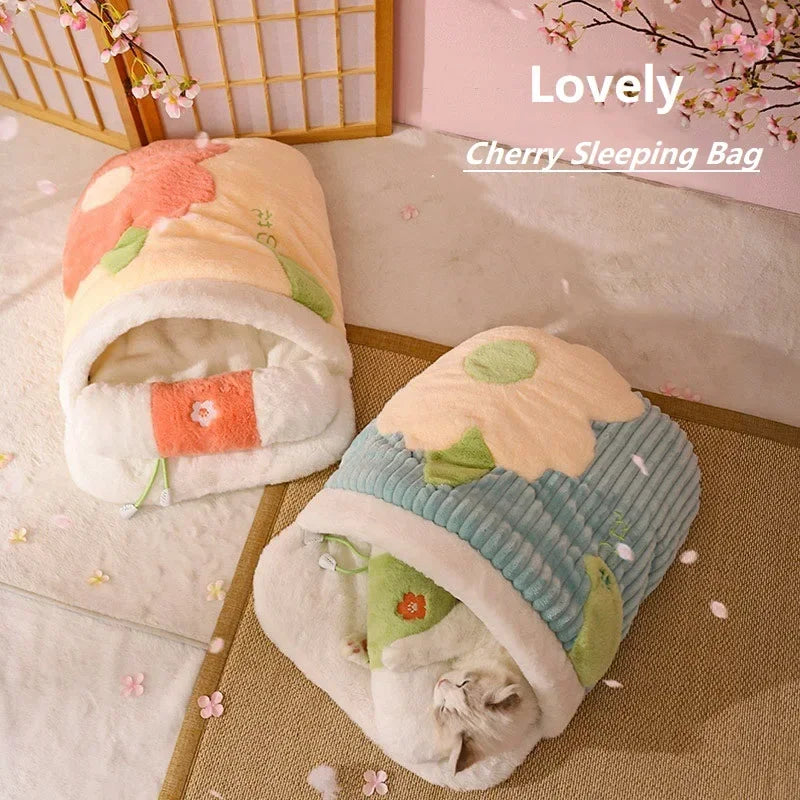 Japanese Sakura Cat Bed – Warm Winter Sleeping Bag with Cushion & Pillow