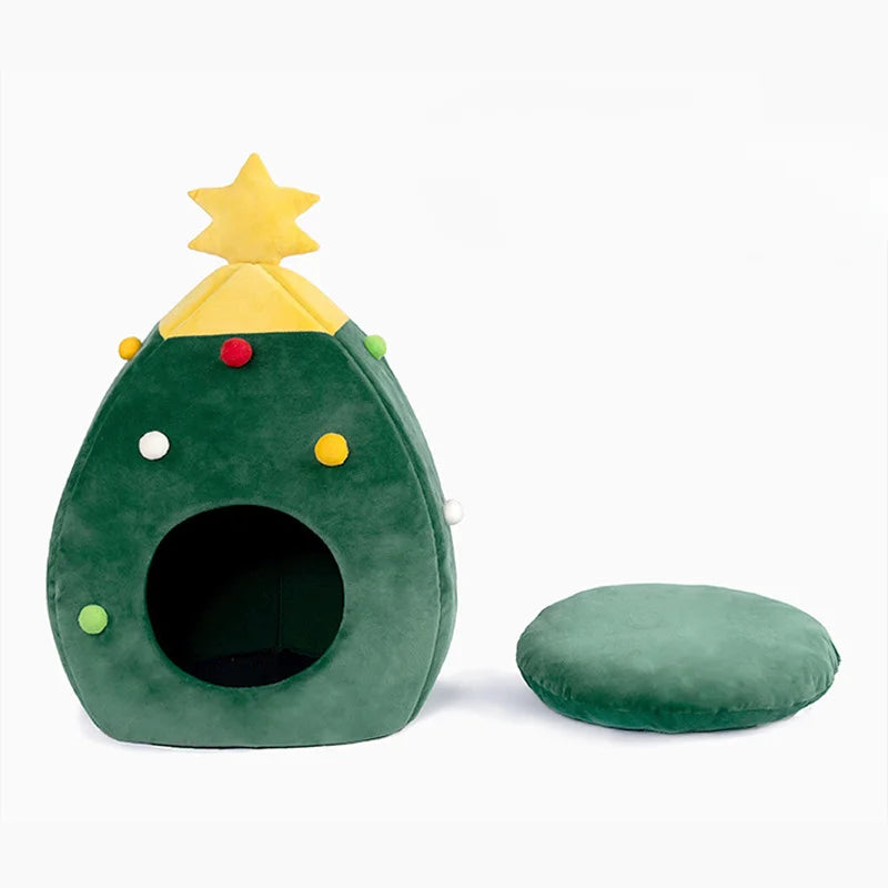 Christmas Tree Pet Bed – Warm Plush Cave Nest for Cats Detachable & Washable