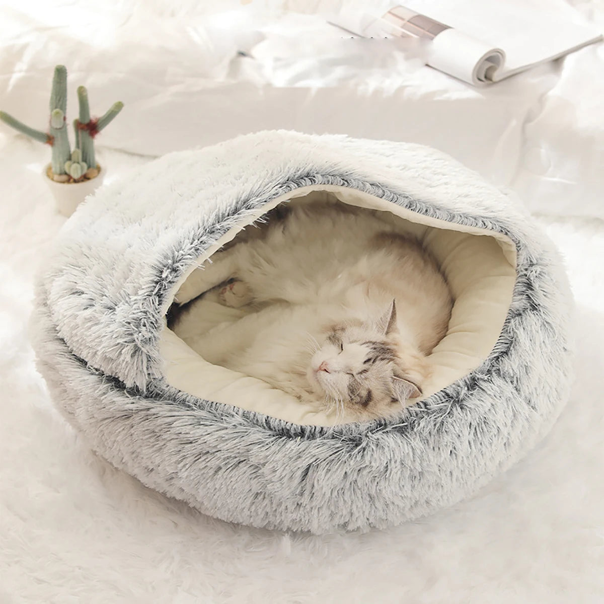 Plush Hooded Pet Bed – Round Fluffy 2-in-1 Nest for Cats