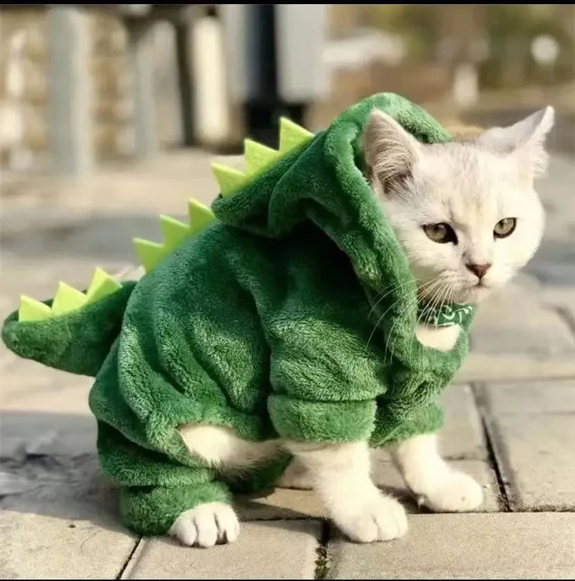 Halloween Pet Hoodie – Dinosaur Cosplay Fleece Sweater for Small Cats