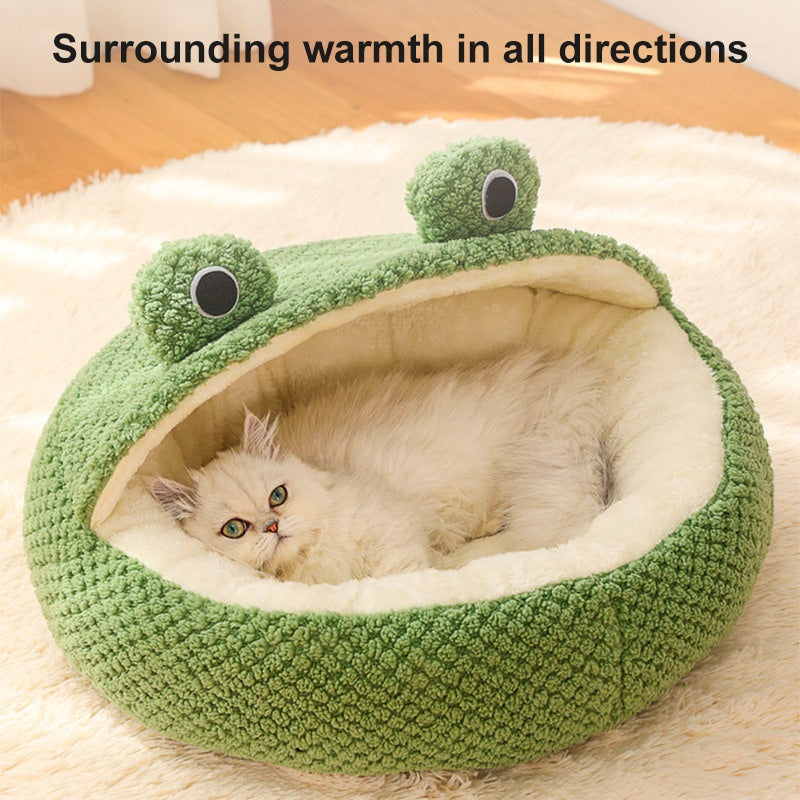 Winter Pet Nest – Plush Semi-Enclosed Frog-Shaped House for Cats