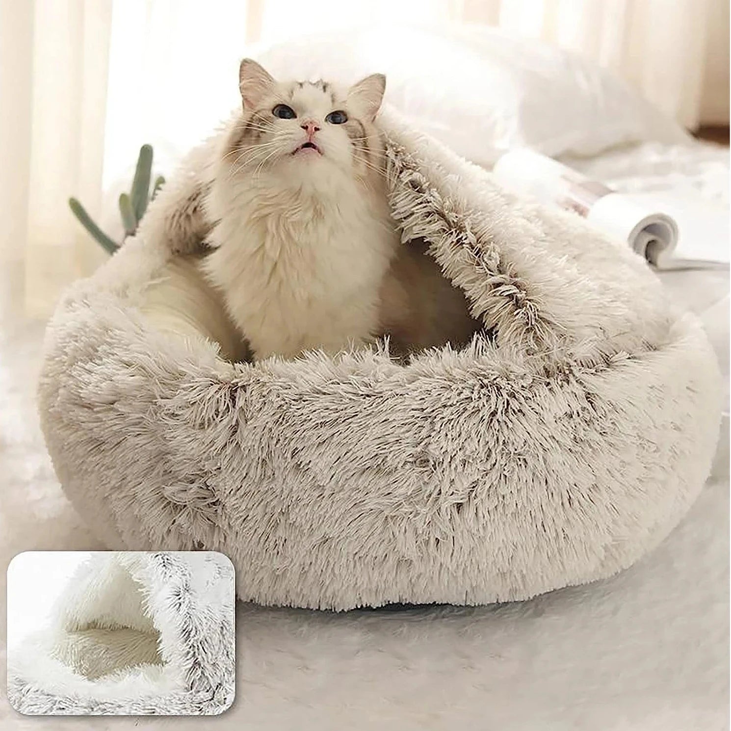 Plush Hooded Pet Bed – Round Fluffy 2-in-1 Nest for Cats
