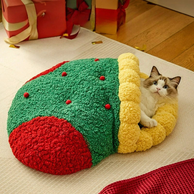 Christmas Pet Bed – Warm Semi-Enclosed Cat House, Non-Collapsible Design