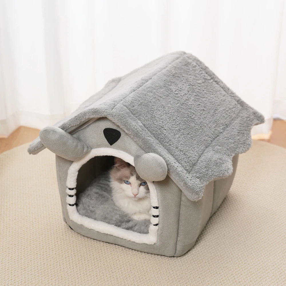 Gray Semi-Enclosed Cat House – Detachable, Washable Four-Season Nest for Small Pets