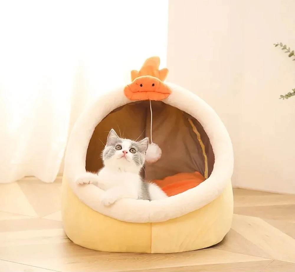 Deep Sleep Cartoon Pet Bed – Foldable, Removable & Washable Cave Bed for Cats