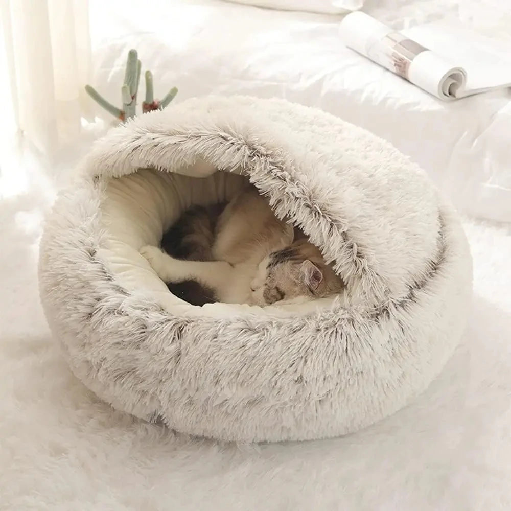 Plush Hooded Pet Bed – Round Fluffy 2-in-1 Nest for Cats