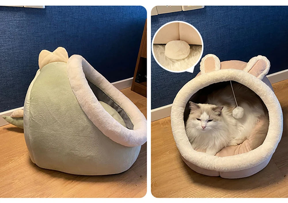 Deep Sleep Cartoon Pet Bed – Foldable, Removable & Washable Cave Bed for Cats