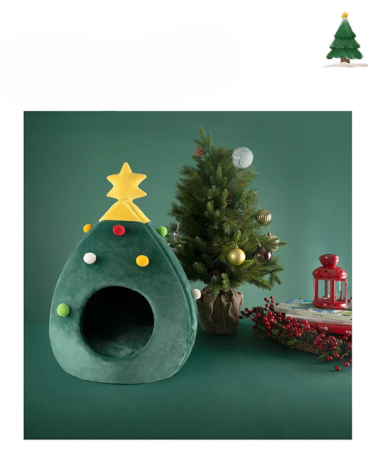 Christmas Tree Pet Bed – Warm Plush Cave Nest for Cats Detachable & Washable