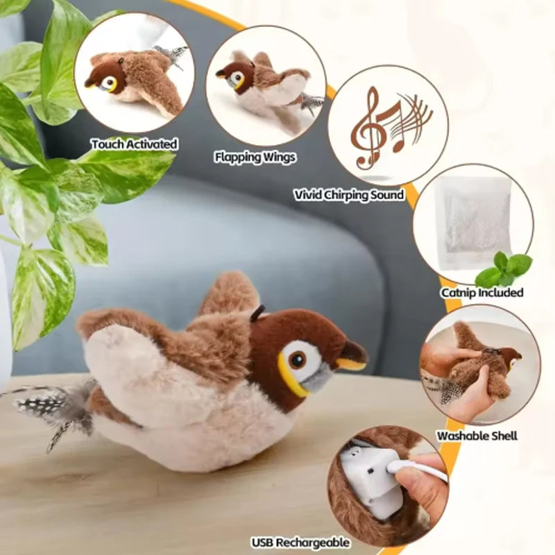 Interactive Plush Bird Cat Toy – Rechargeable Chirping & Flapping Touch Toy