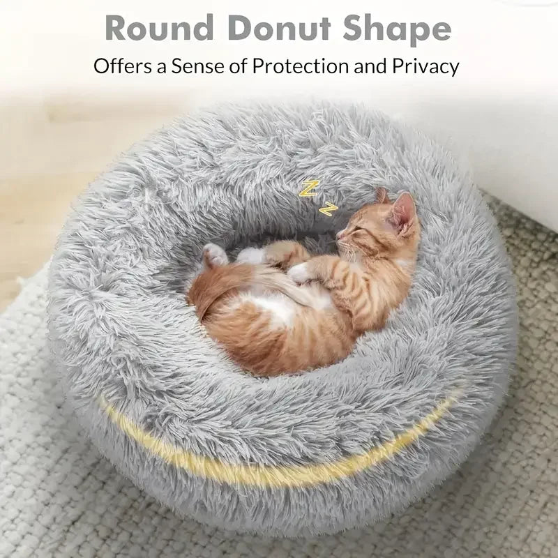 Soft Donut Cat Bed – Fluffy Plush Round Mattress for Cozy Comfort