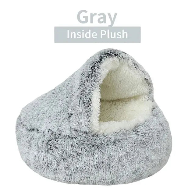 Plush Hooded Pet Bed – Round Fluffy 2-in-1 Nest for Cats