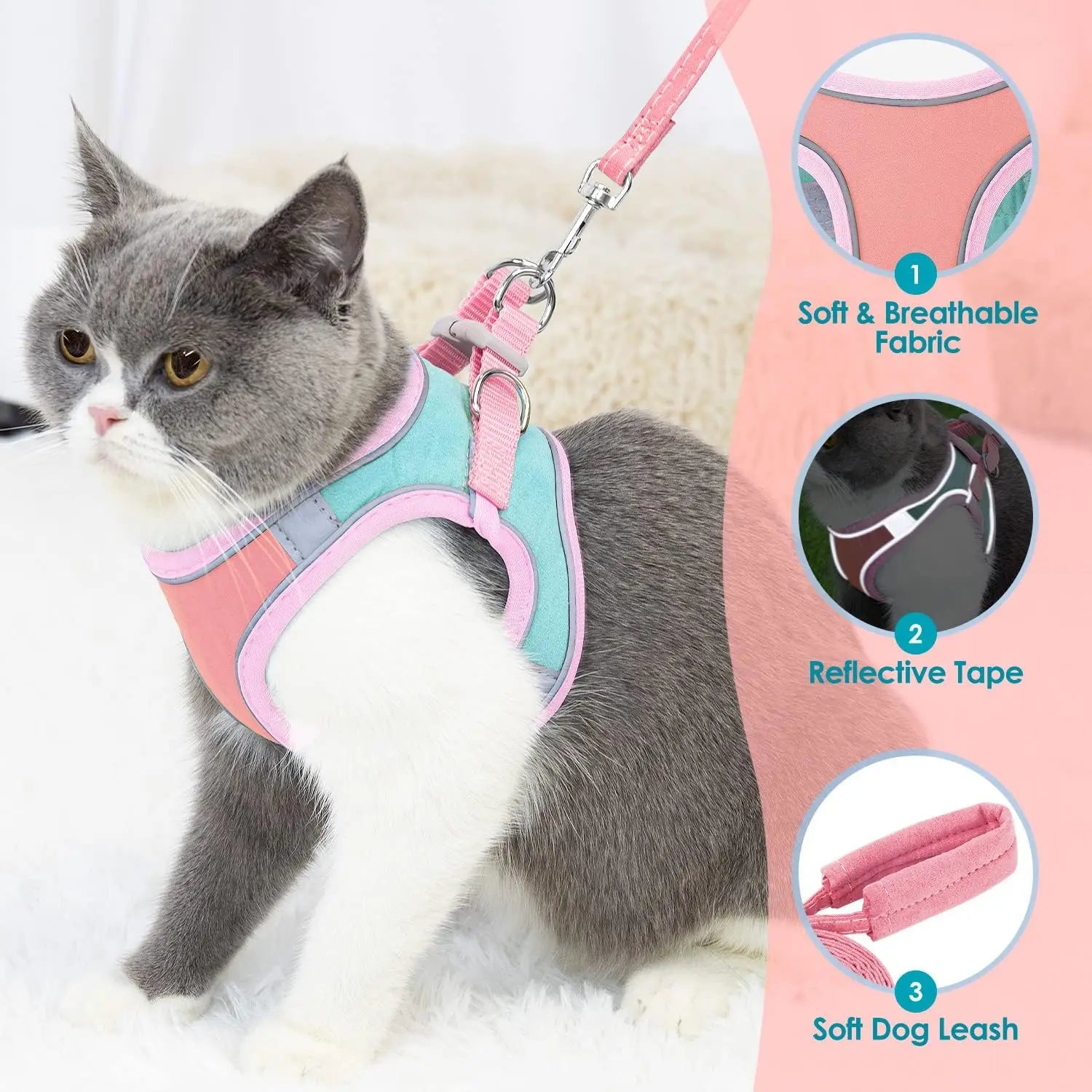 Reflective Pet Harness Set – Small Vest-Style Adjustable Harness with Leash for Cats at Night
